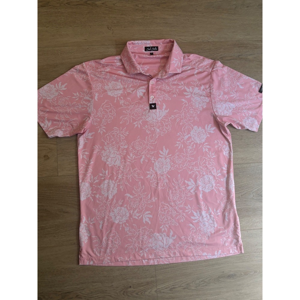 Bad Birdie Mens Pink Floral Performance Golf Polo Shirt Size Large Short Sleeve
